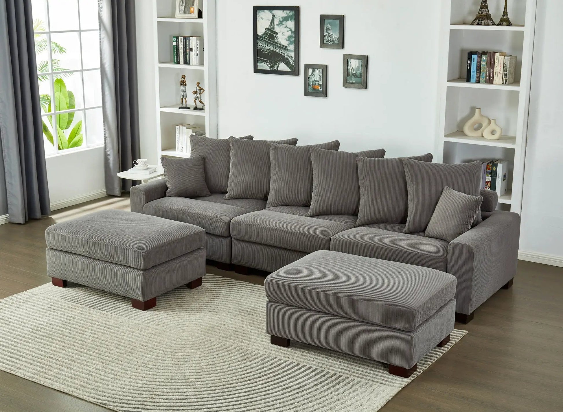 5 Seater L & U shaped couch in gray striped fabric with ottomans by Unique Piece Furniture on Tampa Home & Garden Store