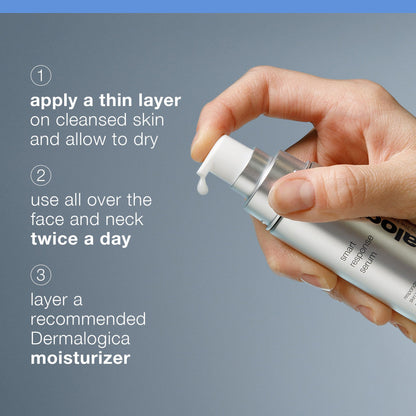 Dermalogica Smart Response Anti-Aging Serum pump bottle with a droplet in hand on Tampa Home & Garden Store