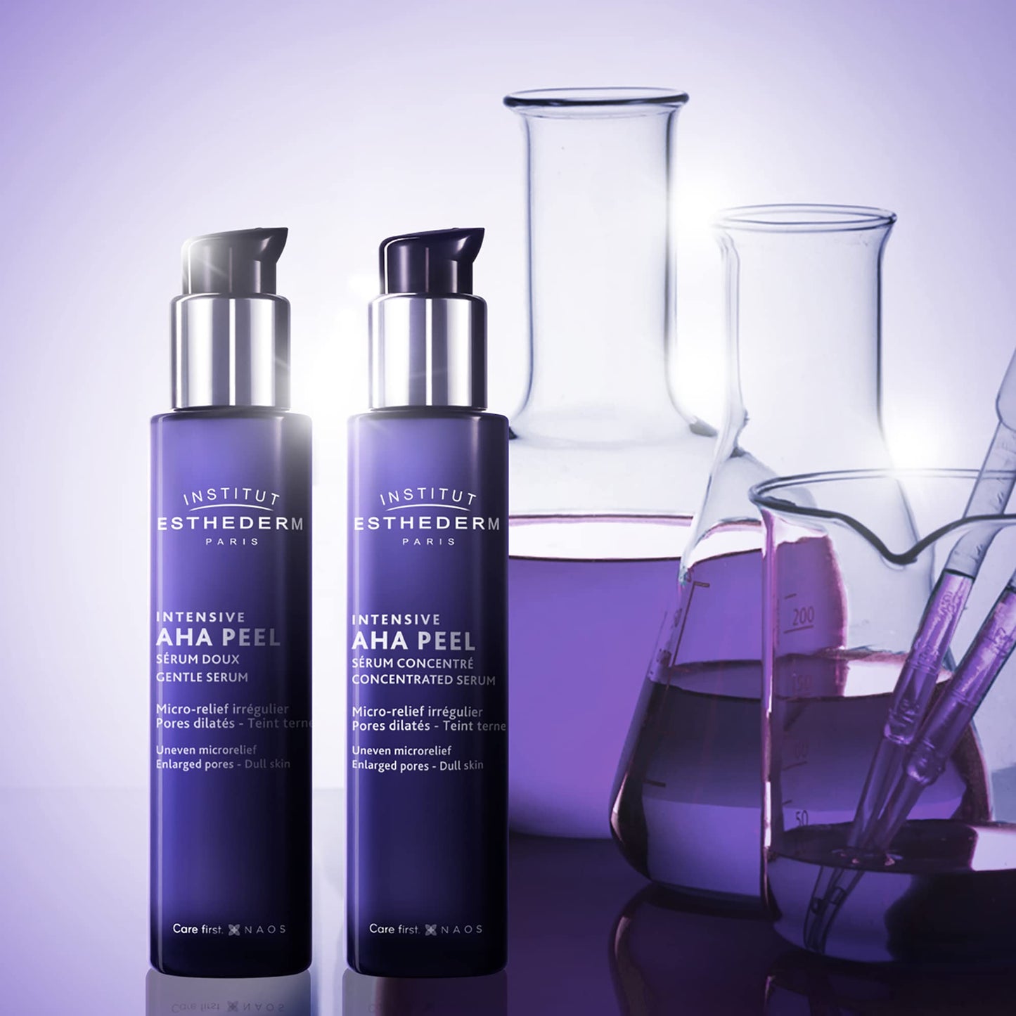 Two purple Institut Esthederm Paris Intensive AHA Peel serums with pumps, glass beakers on Tampa Home & Garden Store