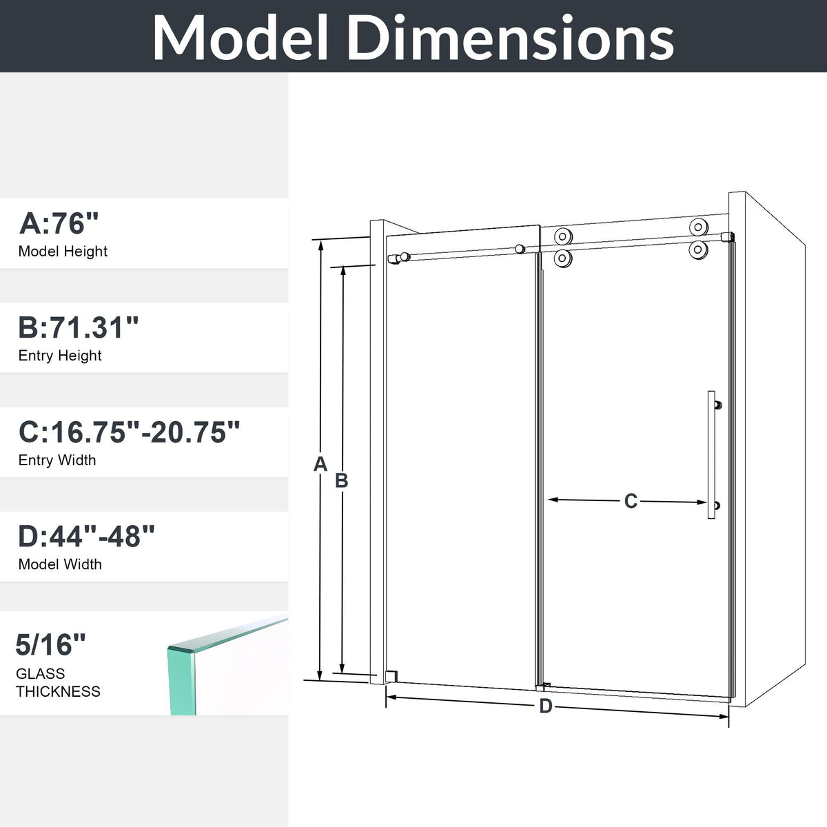 Clear tempered frameless sliding shower door by HouseOfZazla with dimension diagram on Tampa Home & Garden Store