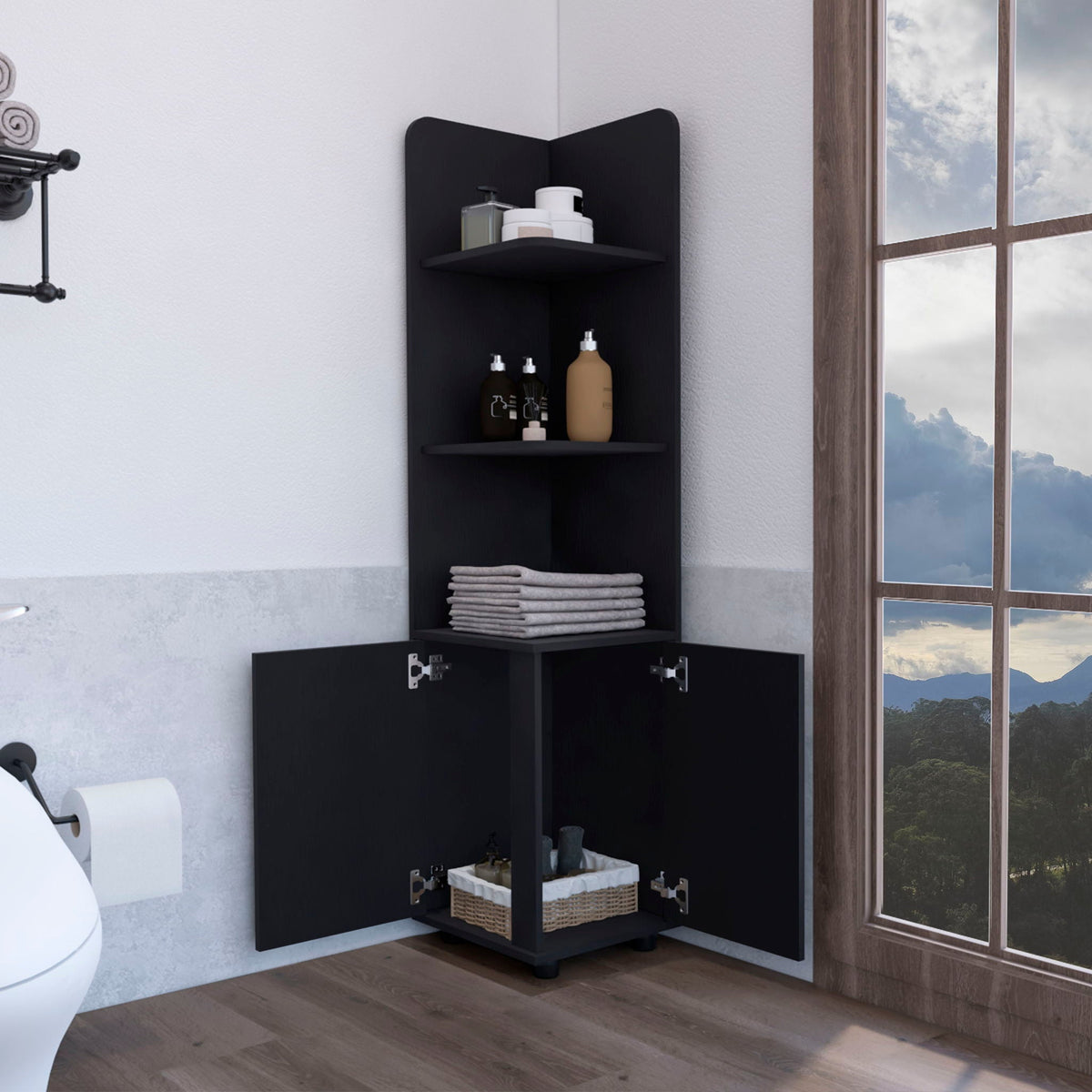 Corner cabinet tall black with 3-tier shelf and 2 doors, HouseOfZazla linen cabinet on Tampa Home & Garden Store
