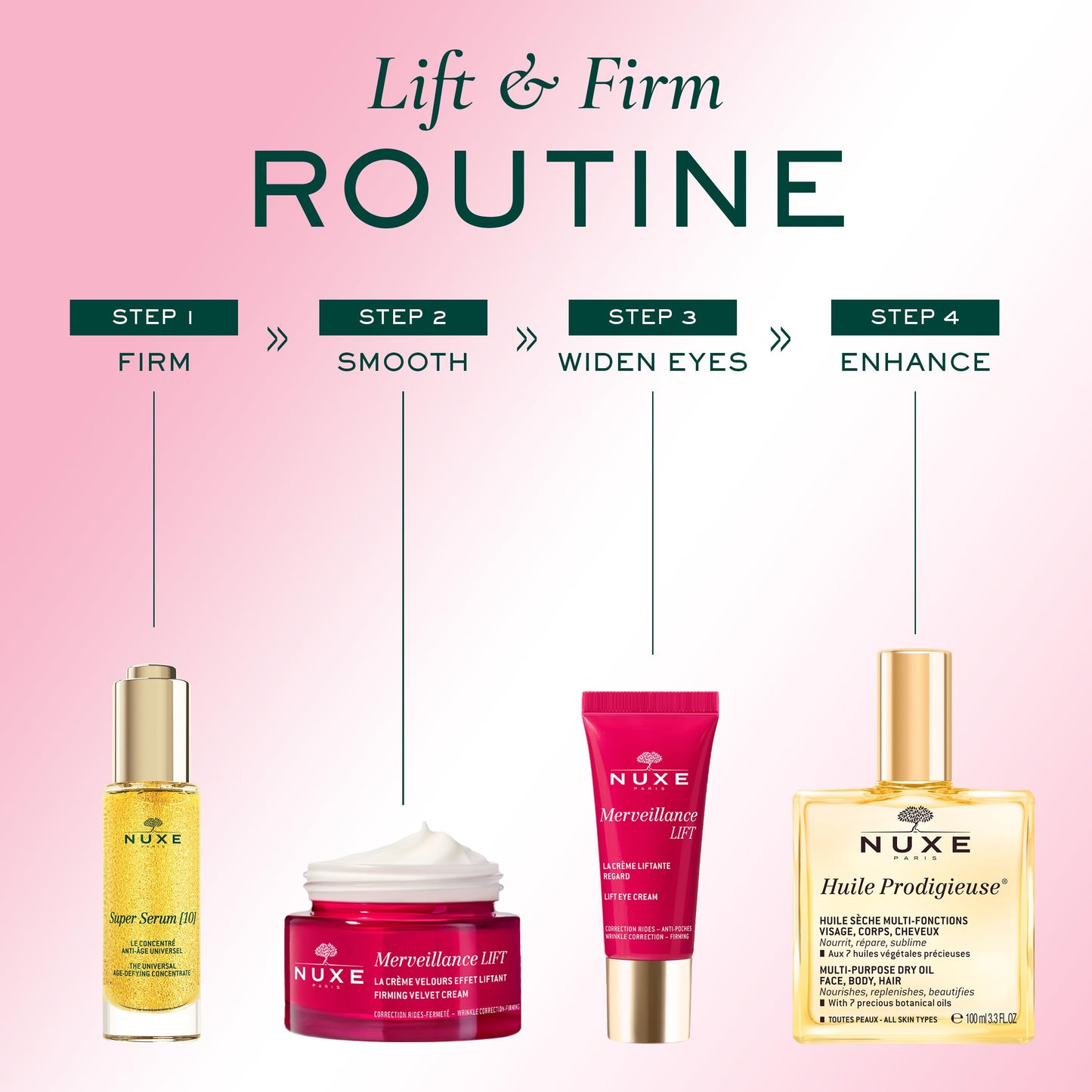 Nuxe Merveillance Lift Velvet Firming Face Cream pink tube among Nuxe products on background on Tampa Home & Garden Store