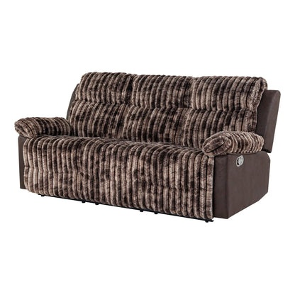 Brenda reclining sofa with brown plush fur covering and dark leather arms, manual recline on Tampa Home & Garden Store