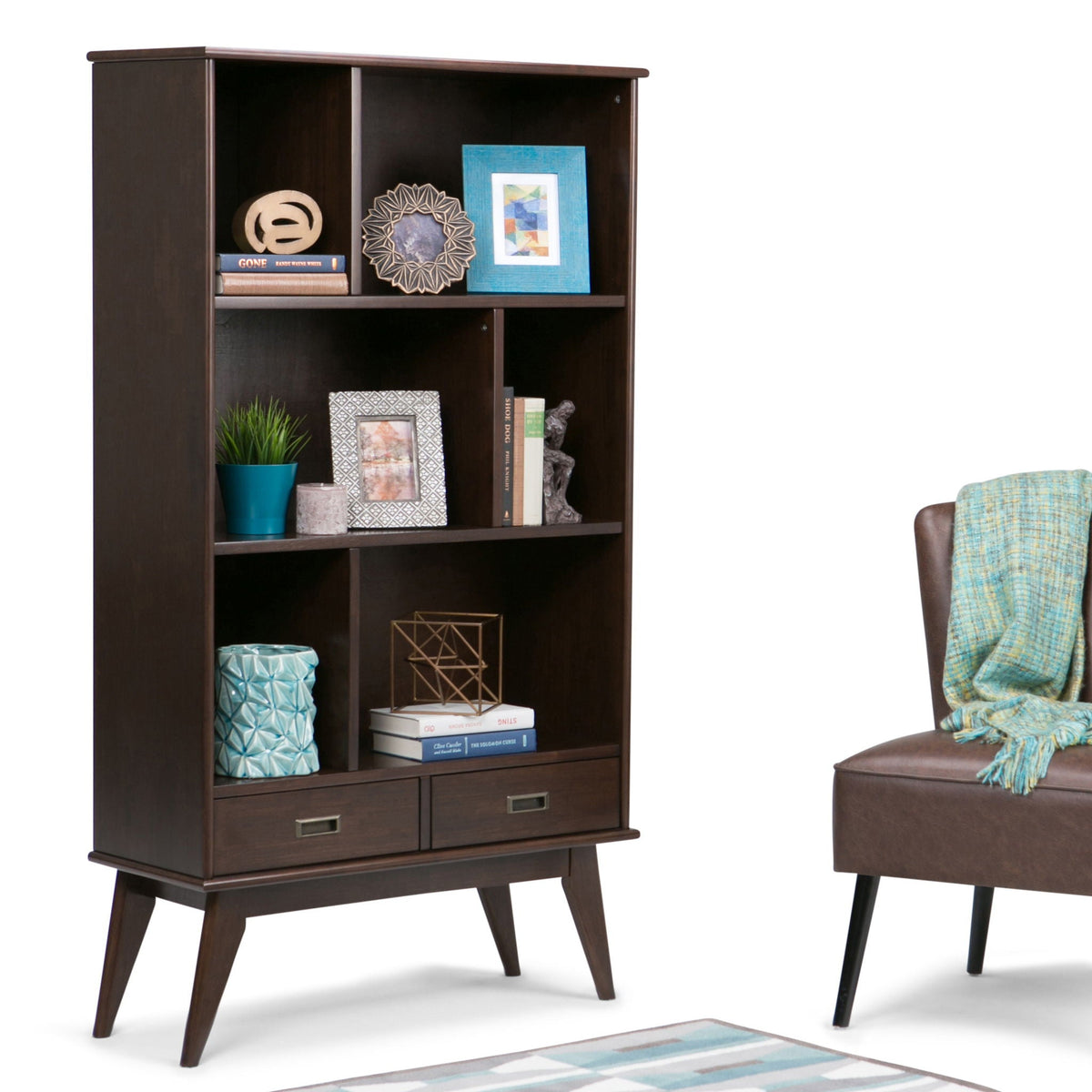 Mid Century Wide Wood Bookcase with Storage Drawers in dark finish open shelves with decor on Tampa Home & Garden Store