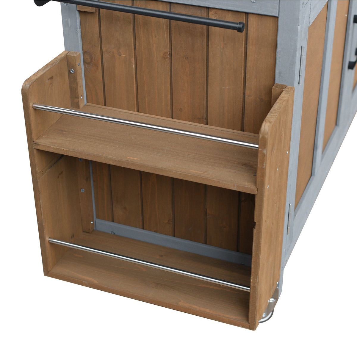 Foldable outdoor kitchen island cart with wood panels and gray metal frame, chrome rod and wheels on Tampa Home & Garden Store