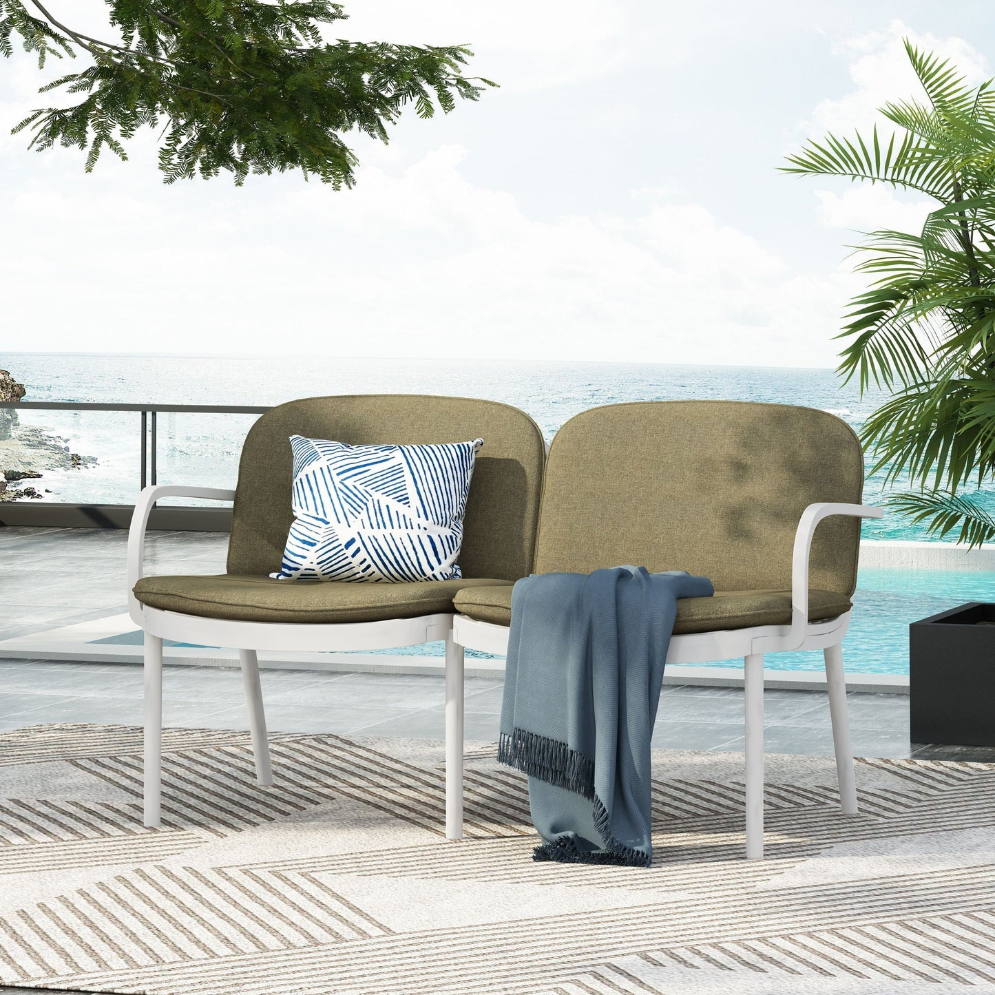 Luna Outdoor Patio Loveseat two-seat brown cushions, white frame by HouseOfZazla on Tampa Home & Garden Store