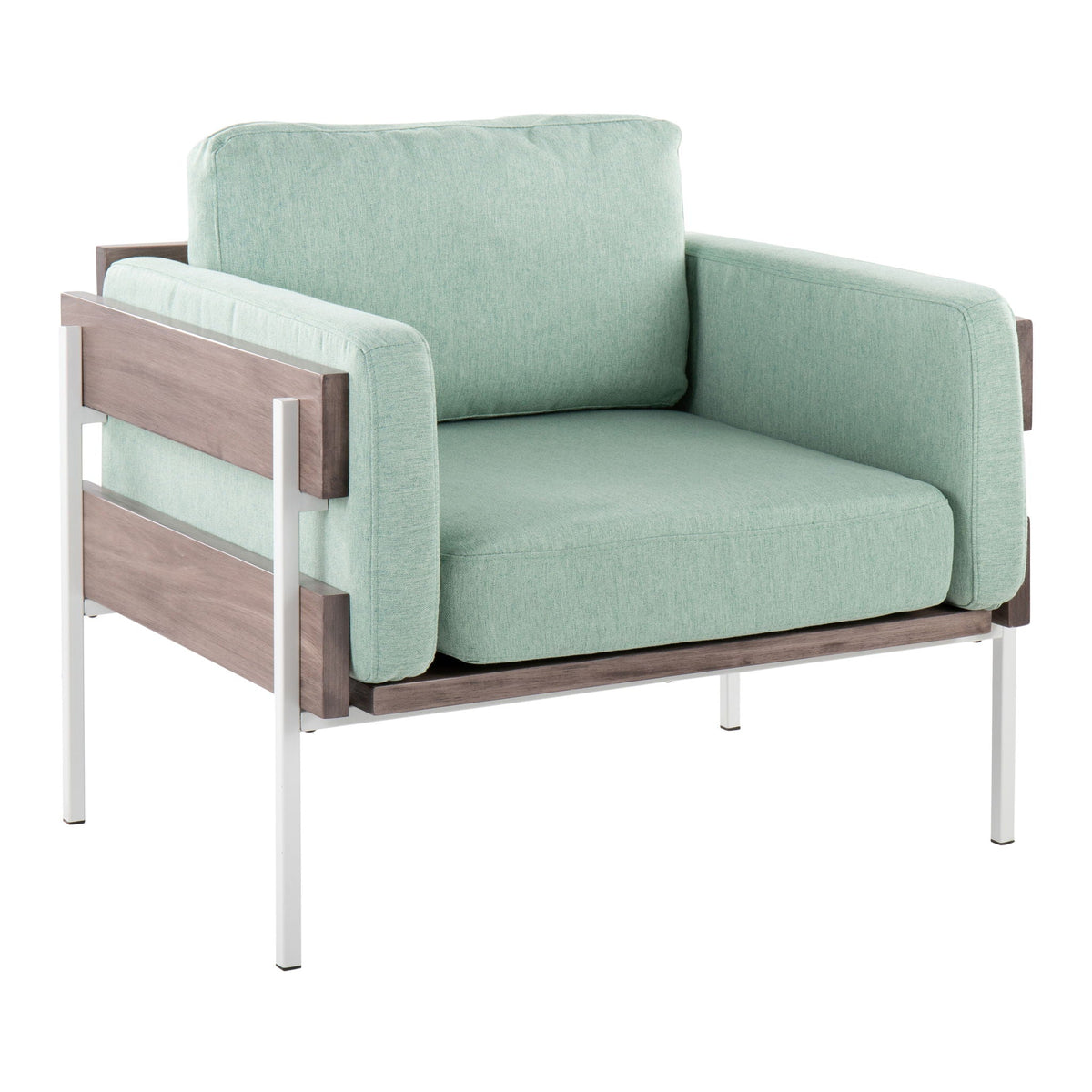 Kari Farmhouse Arm Chair with sage green upholstery and wood accents on metal frame on Tampa Home & Garden Store