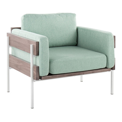 Kari Farmhouse Arm Chair with sage green upholstery and wood accents on metal frame on Tampa Home & Garden Store