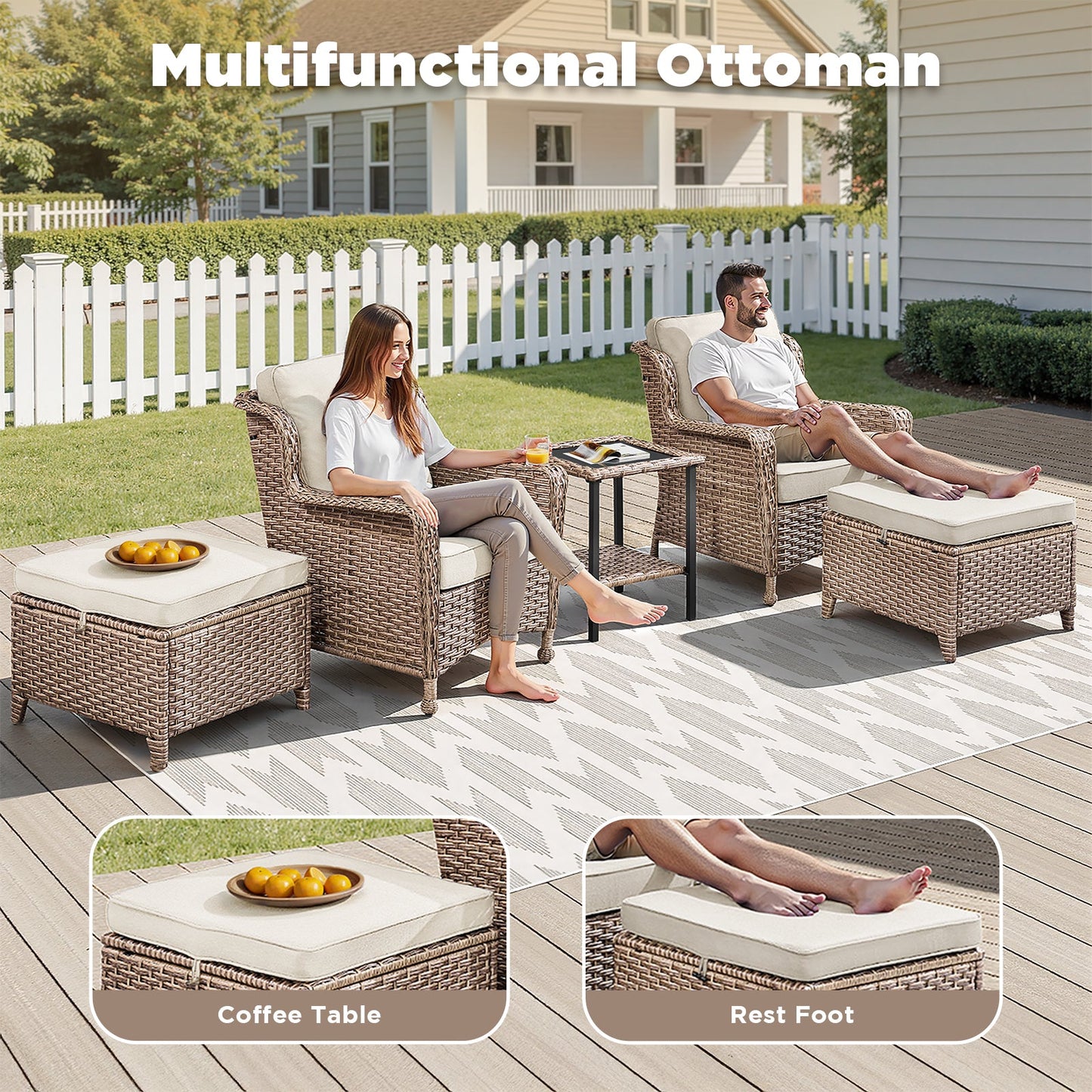 5-Piece outdoor wicker lounge set with two ottomans, side table and beige cushions on a deck on Tampa Home & Garden Store