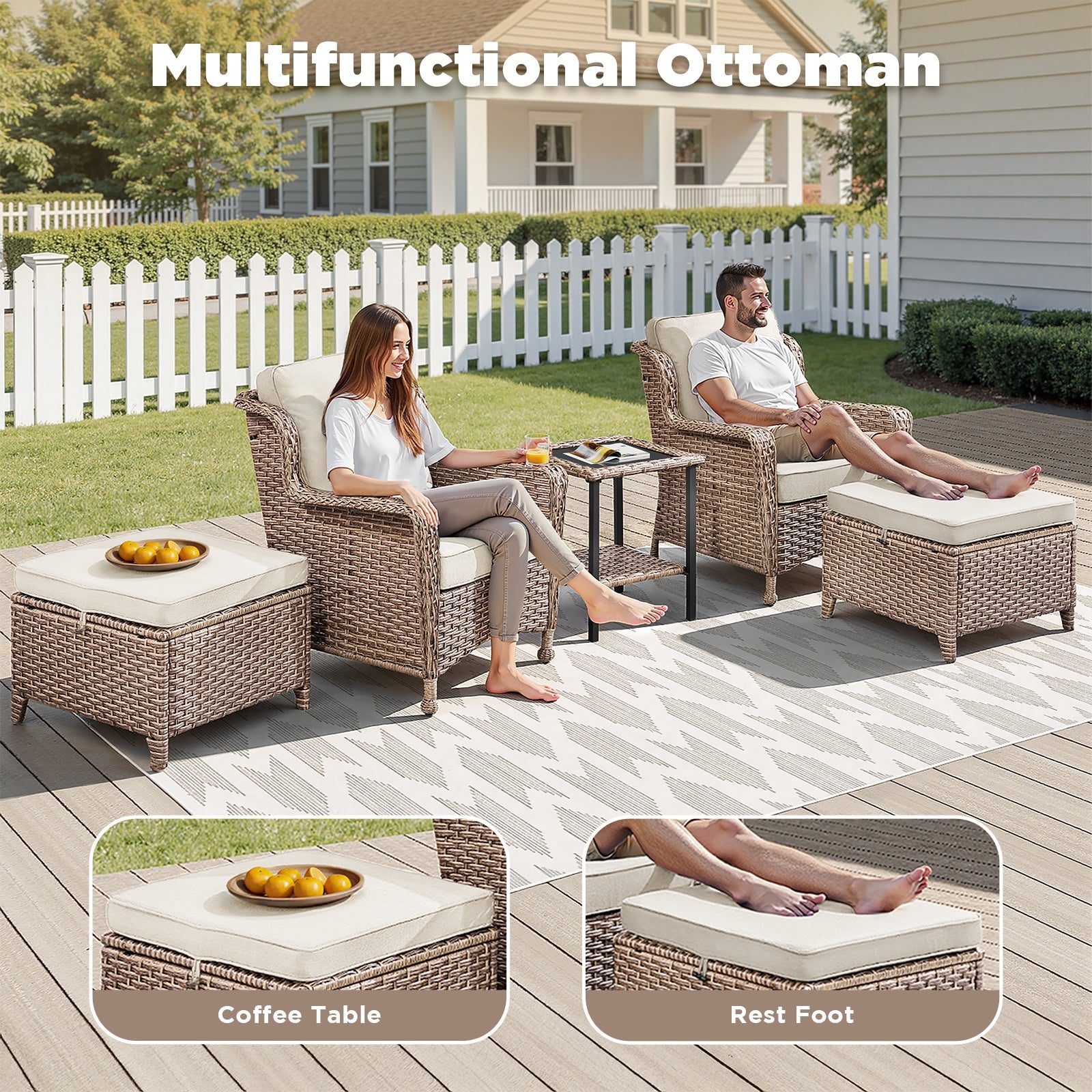 5-Piece outdoor wicker lounge set with two ottomans, side table and beige cushions on a deck on Tampa Home & Garden Store
