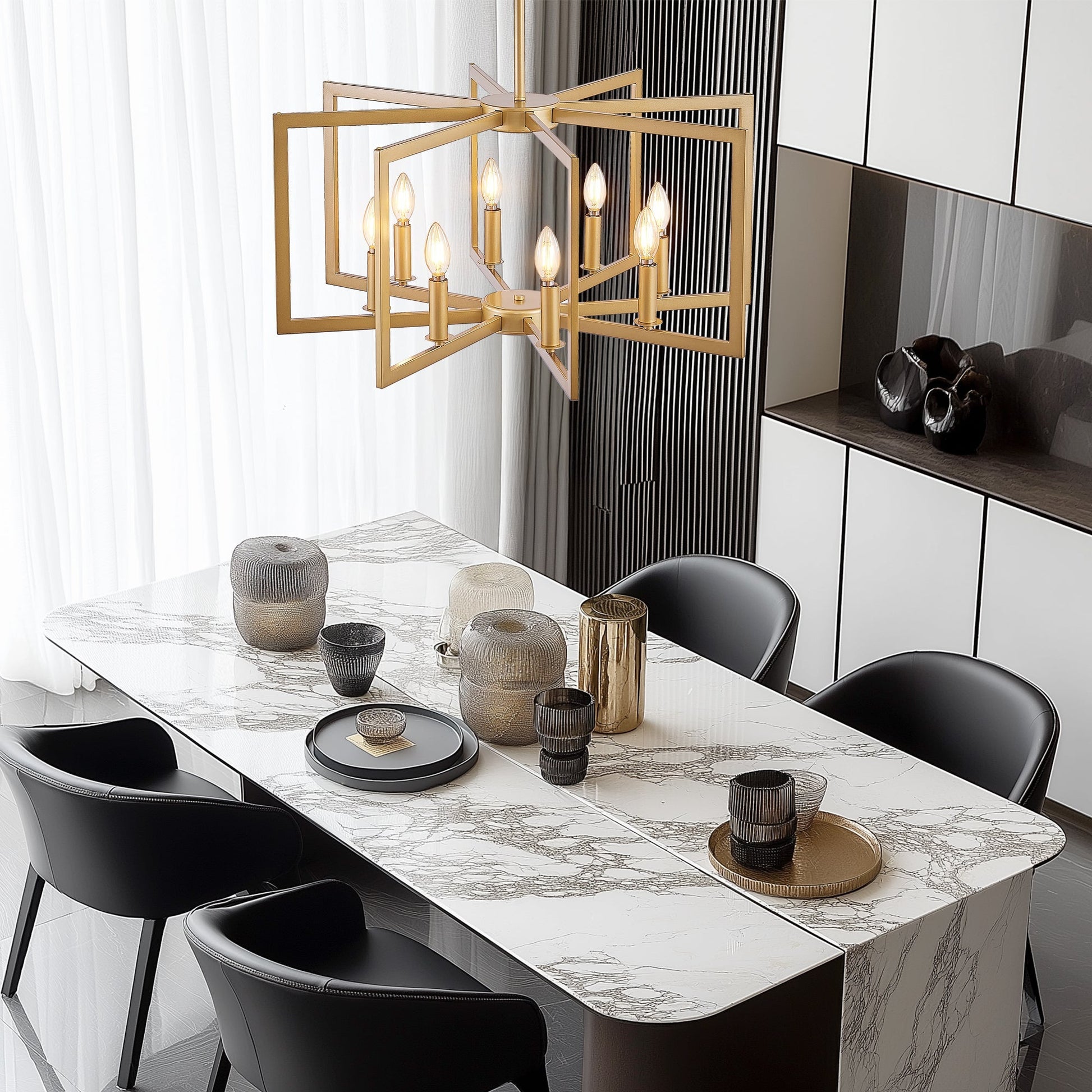 27' Modern Golden Geometric 8-Light Chandelier by HouseOfZazla, gold square frame with eight bulbs on Tampa Home & Garden Store