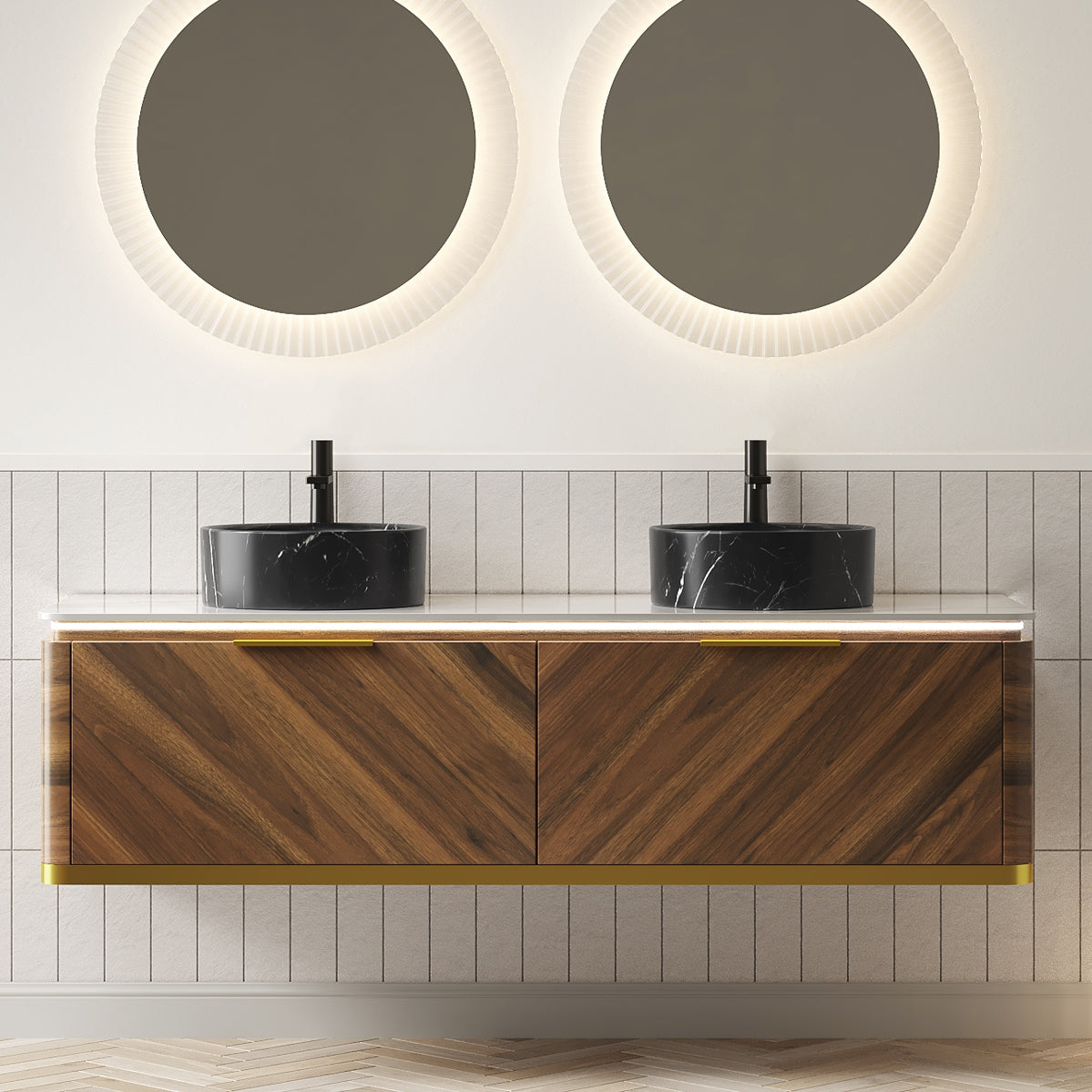 DIPA 60in floating plywood bathroom vanity with two black marble vessel sinks, countertop on Tampa Home & Garden Store