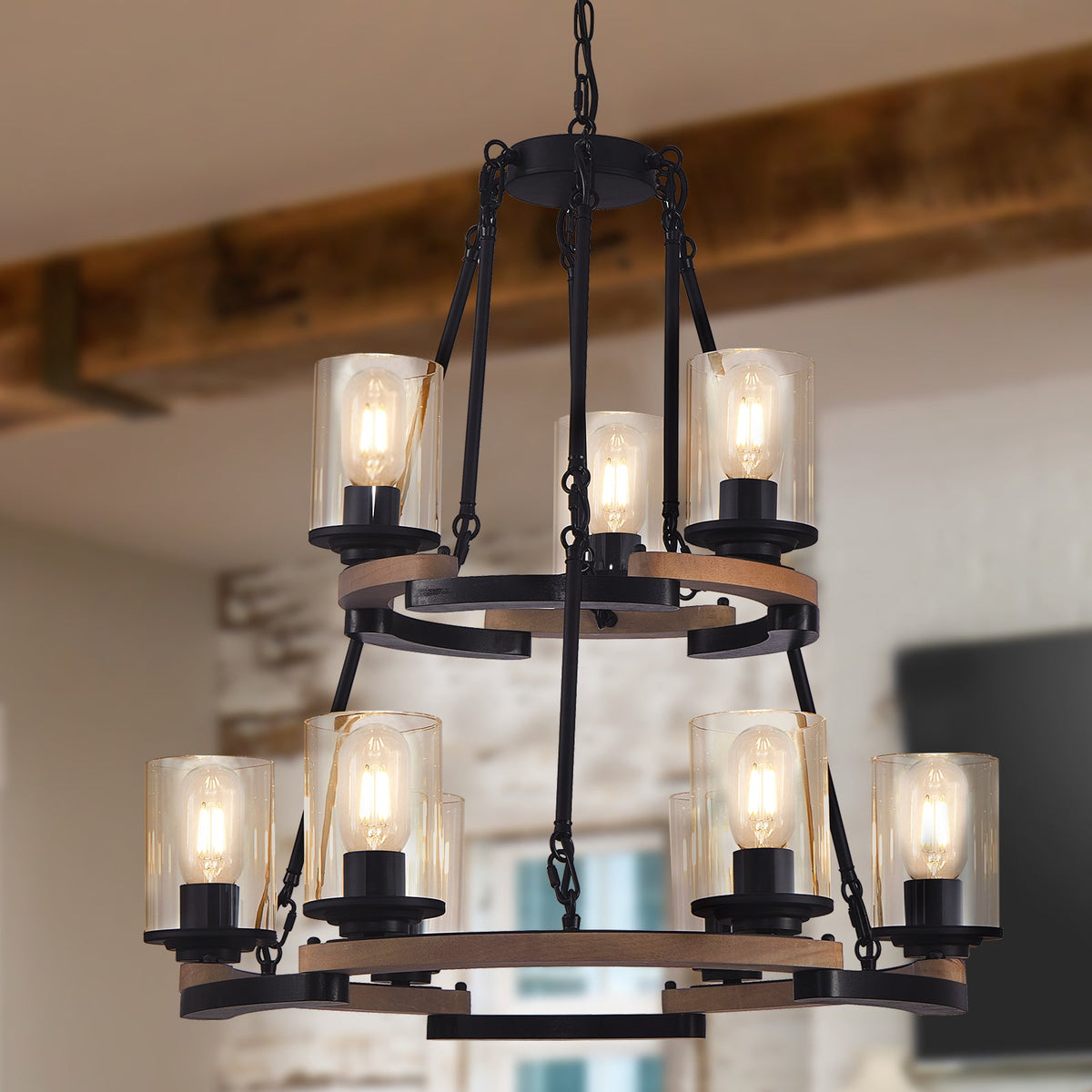 9 Light Vintage Wagon Wheel Chandelier black metal frame with clear glass shades HouseOfZazla on Tampa Home & Garden Store