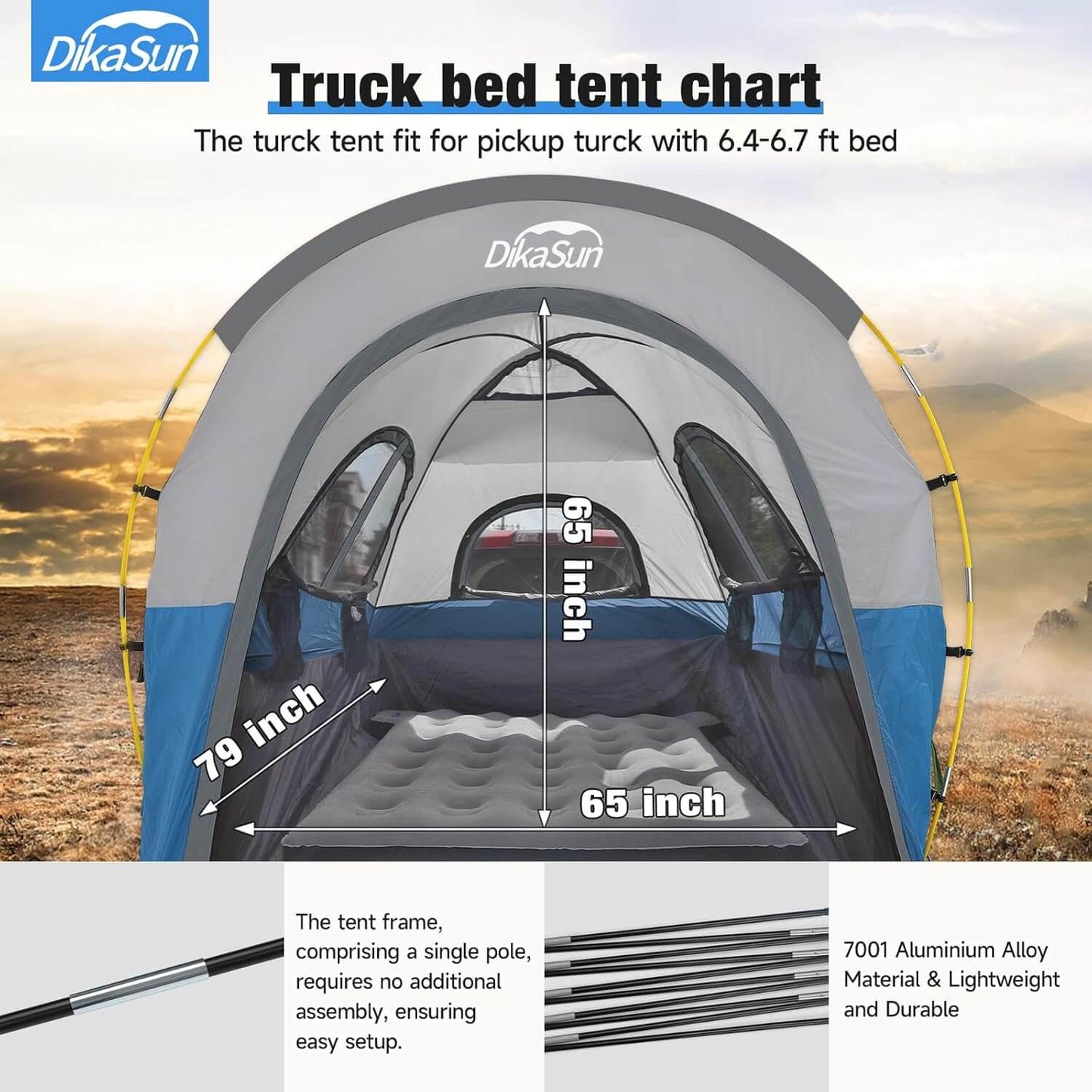 5.5-6.7 ft Dikasun Outdoor truck bed tent with blue body and awning on Tampa Home & Garden Store