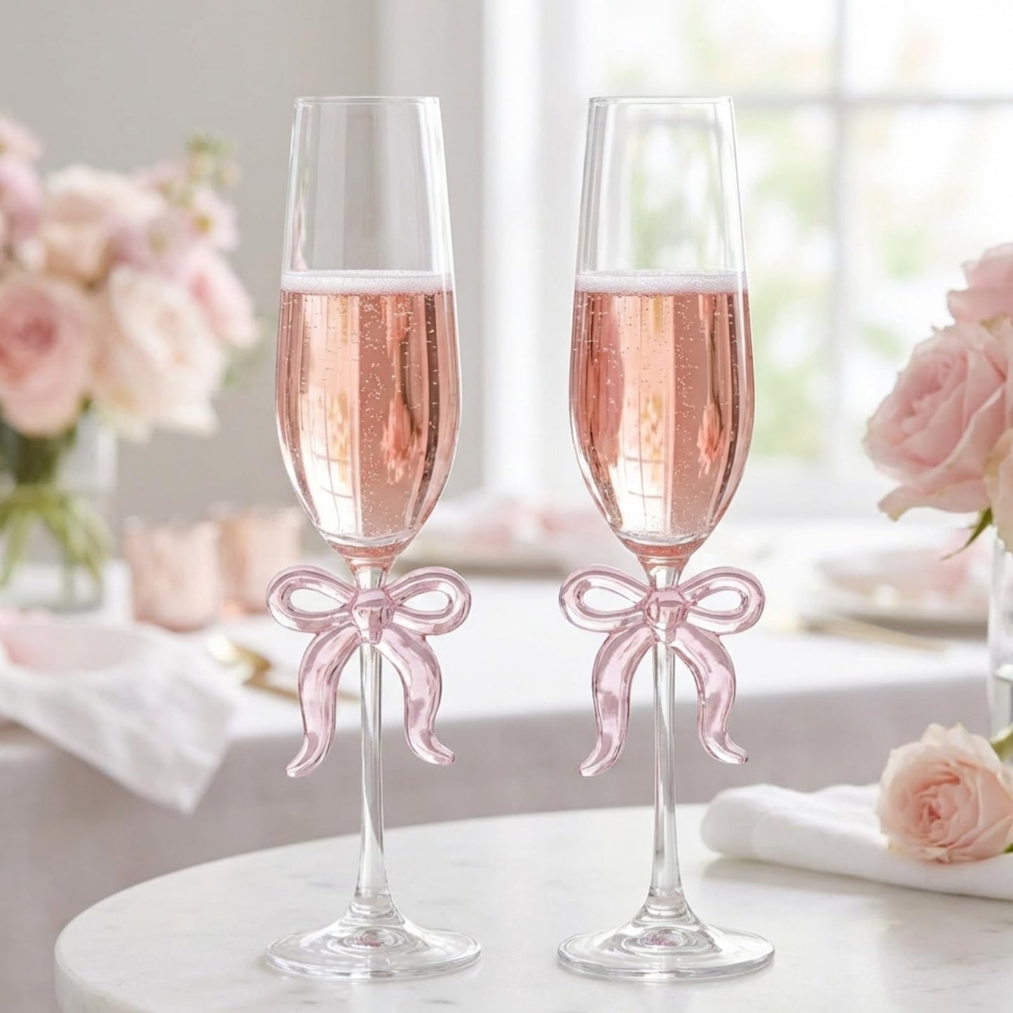 Two Clear Champagne Glasses and a Pink Bow Set