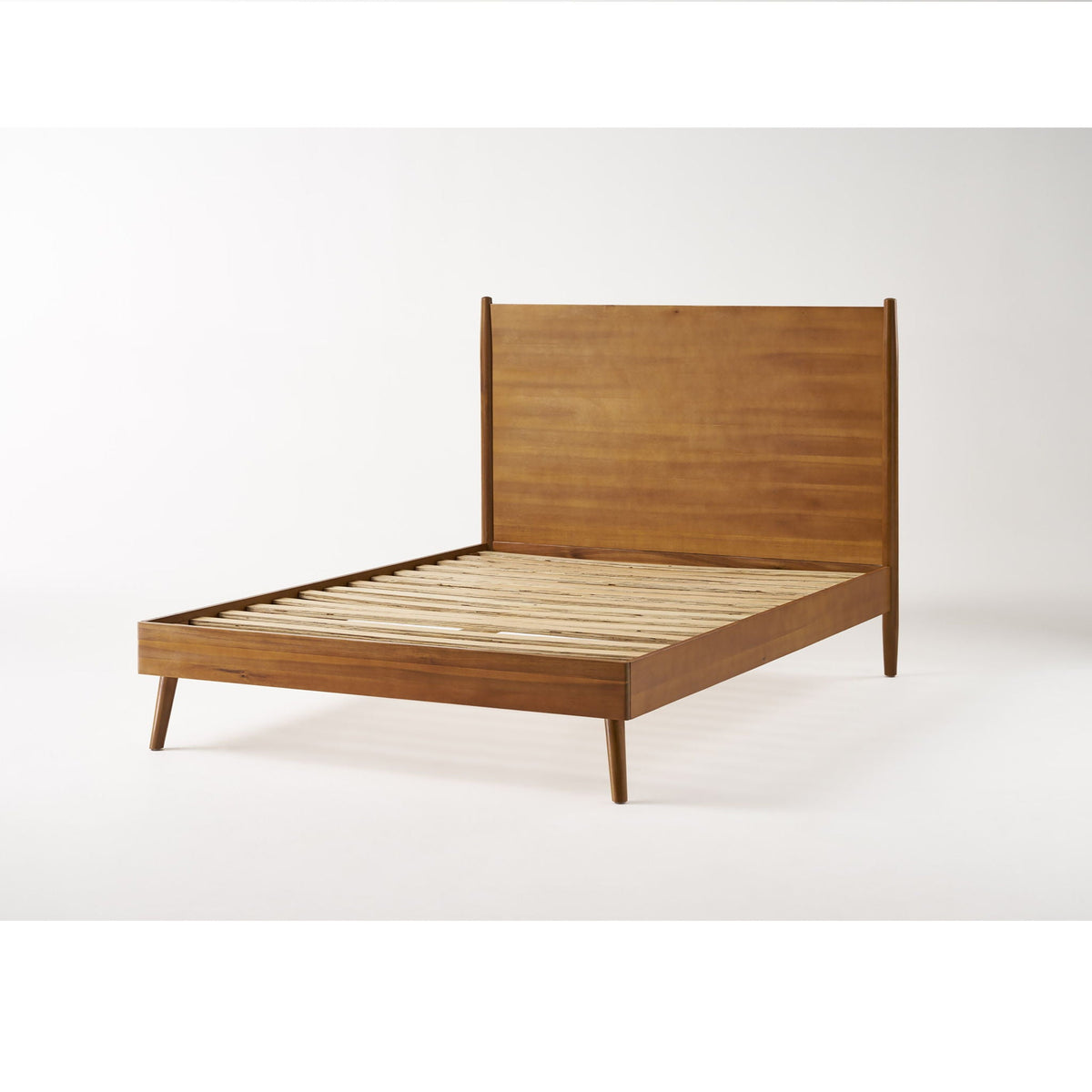 Mid-Century Wood Platform Bed heavy-duty support light brown finish slatted base HouseOfZazla on Tampa Home & Garden Store