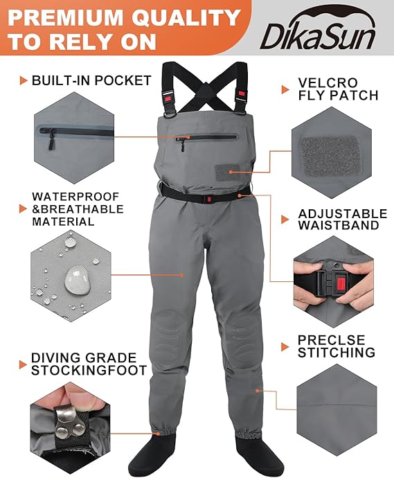 Dikasun Outdoor breathable stockingfoot waders grey lightweight unisex with built-in pocket on Tampa Home & Garden Store