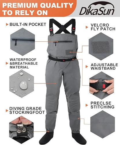 Dikasun Outdoor breathable stockingfoot waders grey lightweight unisex with built-in pocket on Tampa Home & Garden Store