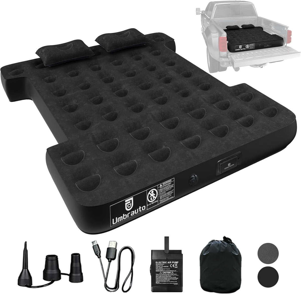 Truck bed air mattress Umbrauto, 5.5–6.5 ft Ford trucks, black with two pillows and pump on Tampa Home & Garden Store
