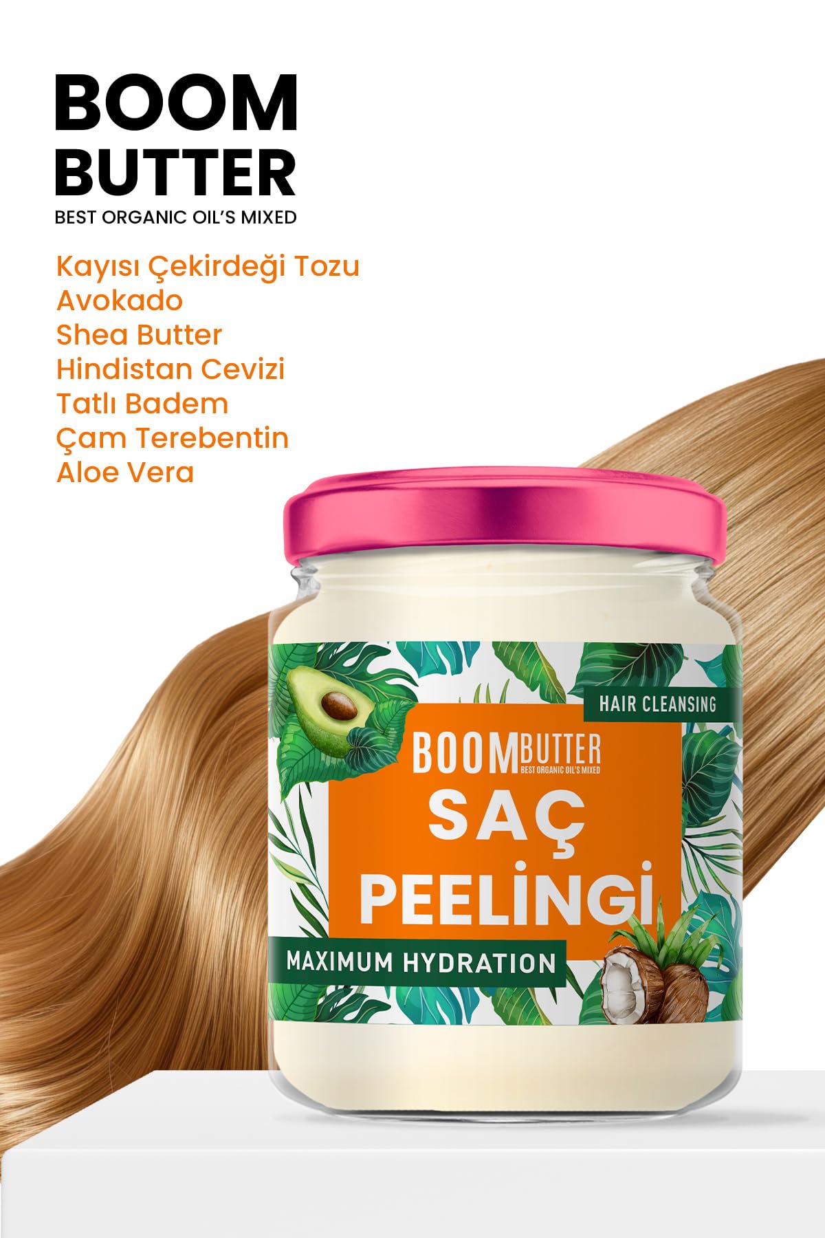 BOOM BUTTER Herbal Science Hair Oil 190 ml jar with pink lid and avocado label for hydration on Tampa Home & Garden Store