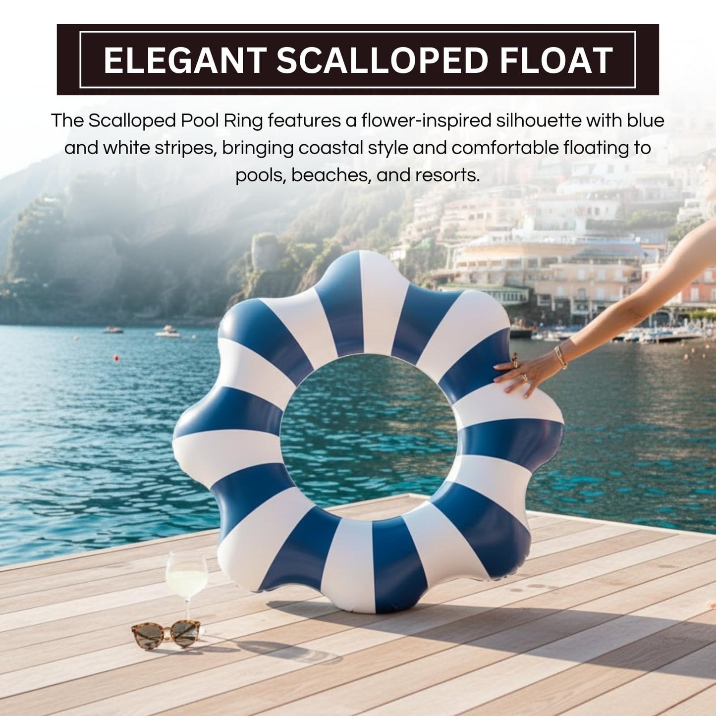 Modern blue and white scalloped pool float ring