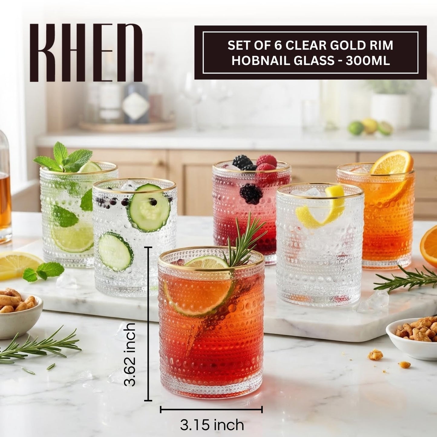 Set of 6 Clear Gold Rim Hobnail Cocktail Glasses