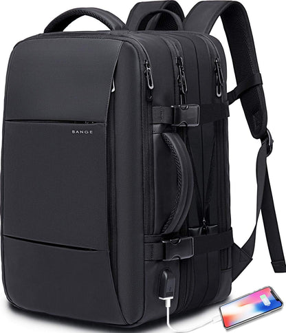 Moktan Sabai Expandable Laptop Travel Backpack 26–45L with USB port and zip pockets in black on Tampa Home & Garden Store