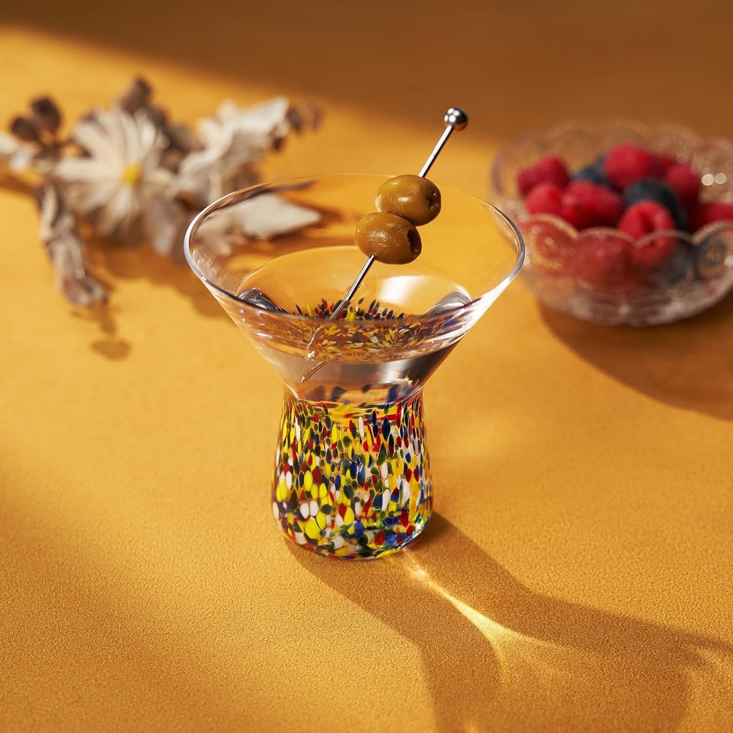 Hand Blown Stemless Confetti and Martini Glasses
