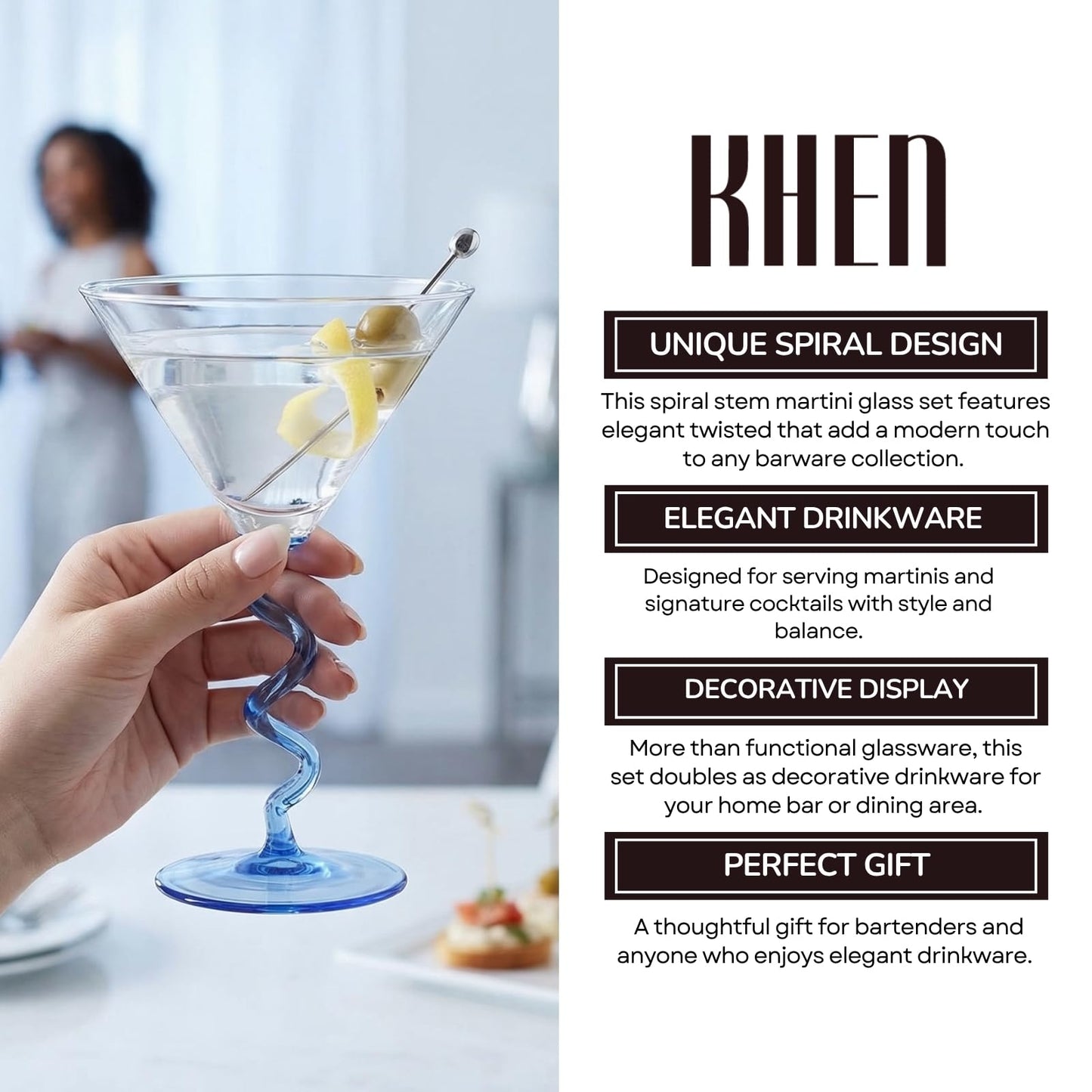 Blue Spiral Stem Martini Glass Set of 2