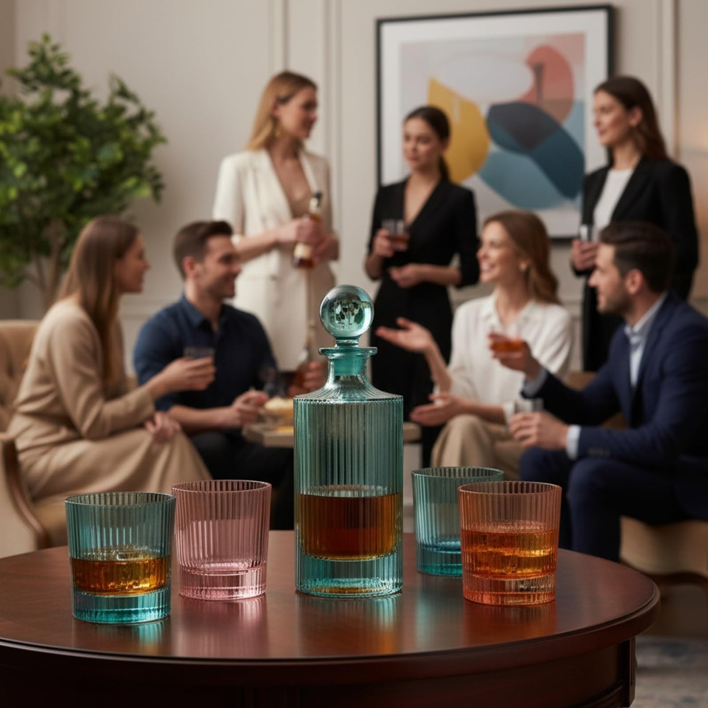 Ribbed Glass Decanter Set and 4 Whiskey Glasses