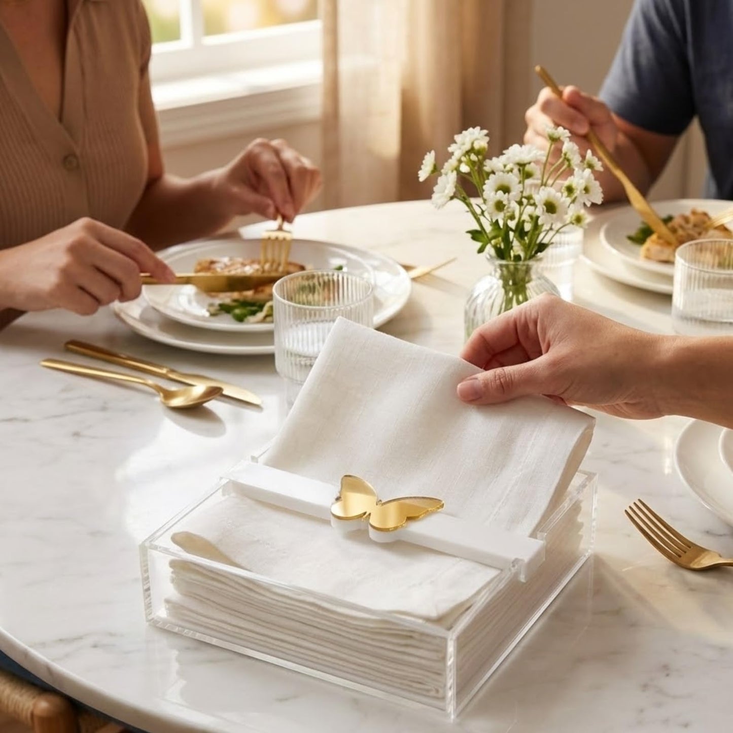 Clear Acrylic Napkin Holder with A Gold Butterfly