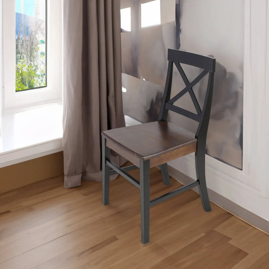 Roshan farmhouse acacia wood dining chair with dark walnut seat and black metal X-back on Tampa Home & Garden Store