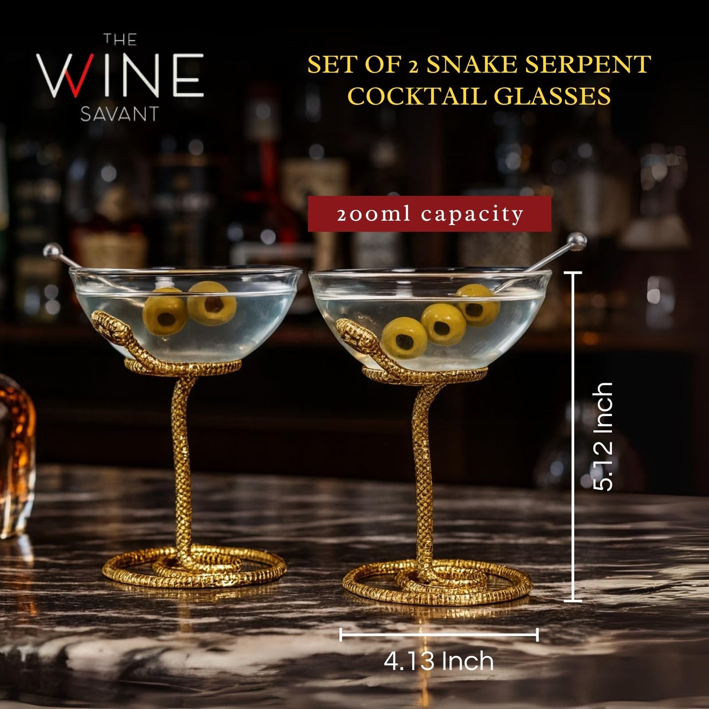 Gold Snake Serpent and Cocktail Glasses Set