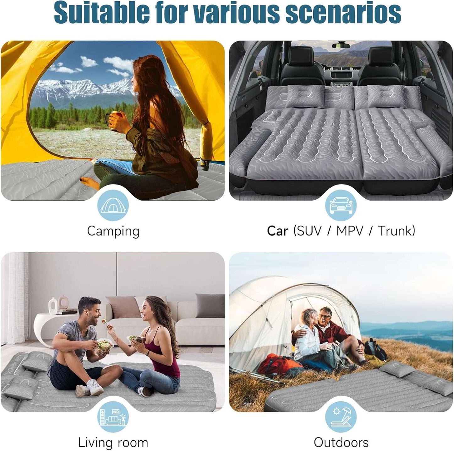 Dikasun Outdoor SUV mattress 63in extended in grey with pump and 2 pillows in car trunk on Tampa Home & Garden Store