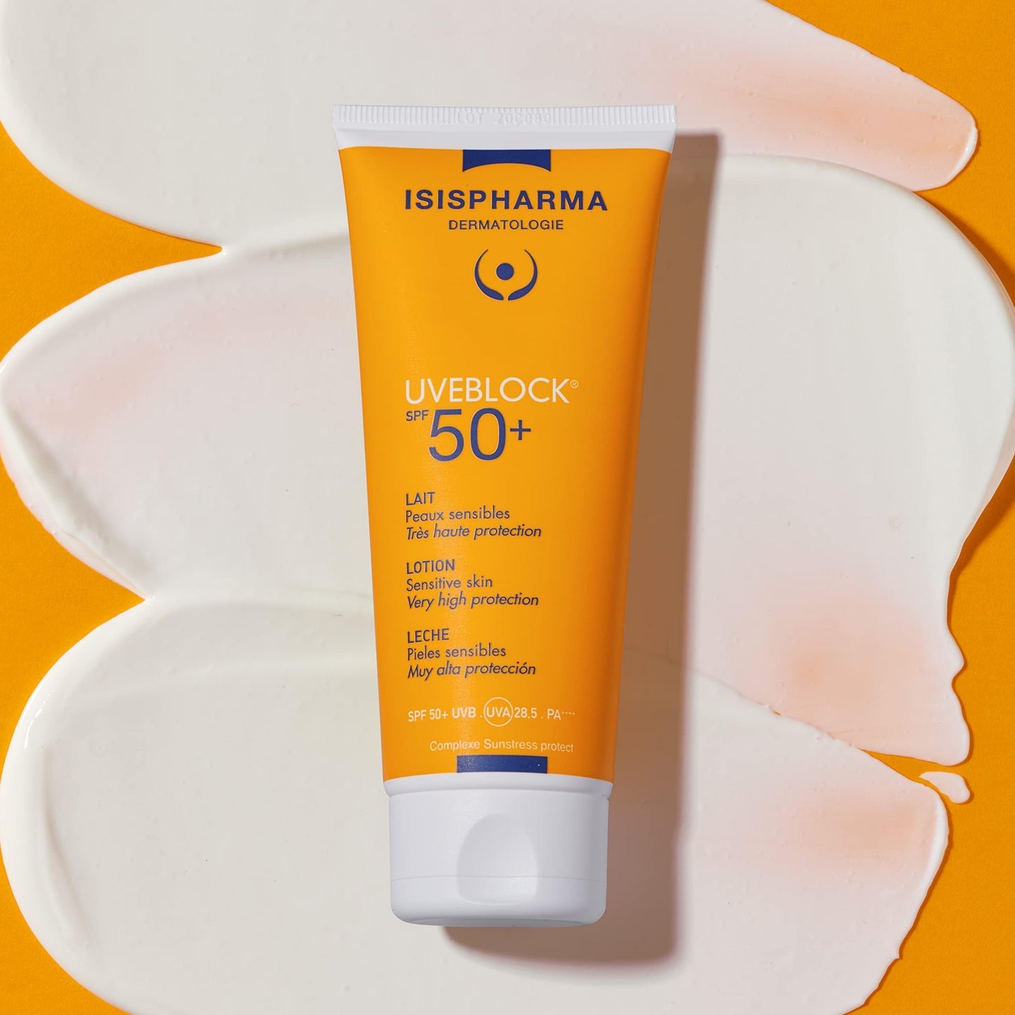 IsisPharma Uveblock Hydra Lotion SPF 50+ sunscreen tube orange with white cap from Beauty Care Bag on Tampa Home & Garden Store