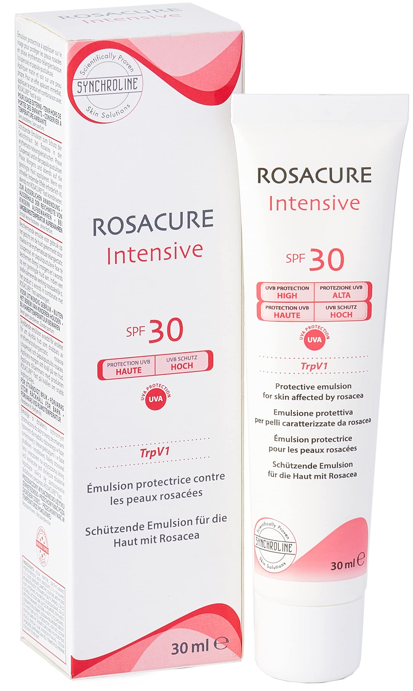 Rosacure Intensive SPF30 face cream box and 30 ml tube by Synchroline, white with pink accents on Tampa Home & Garden Store