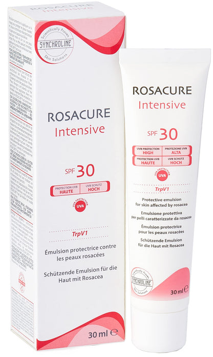 Rosacure Intensive SPF30 face cream box and 30 ml tube by Synchroline, white with pink accents on Tampa Home & Garden Store