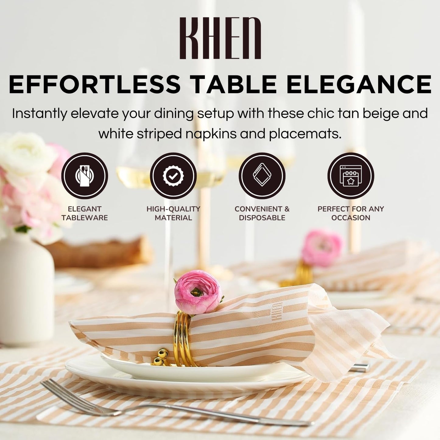 Beige and White Striped Disposable Napkins Set