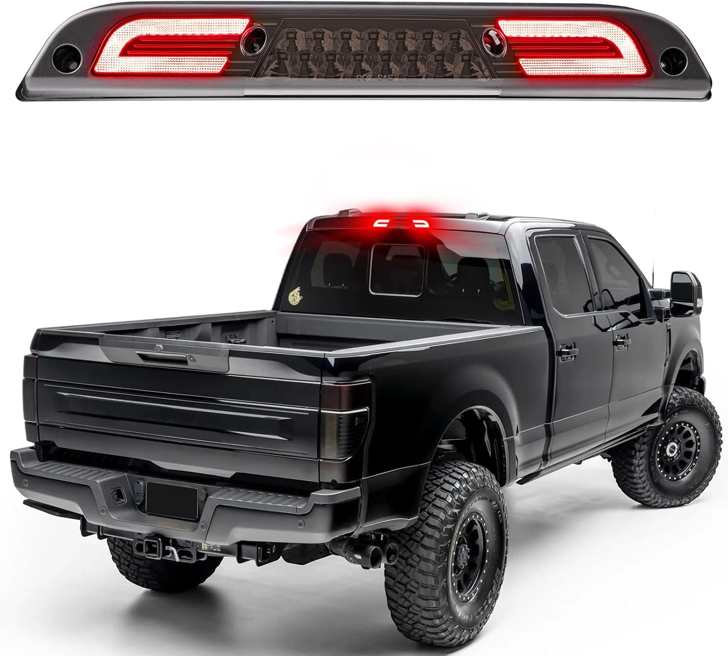 Smoked LED 3rd brake light for 2015-2027 Ford F-150/Super Duty by AutoLEDTech.com interior/exterior lighting shown on a lifted black pickup on Tampa Home & Garden Store