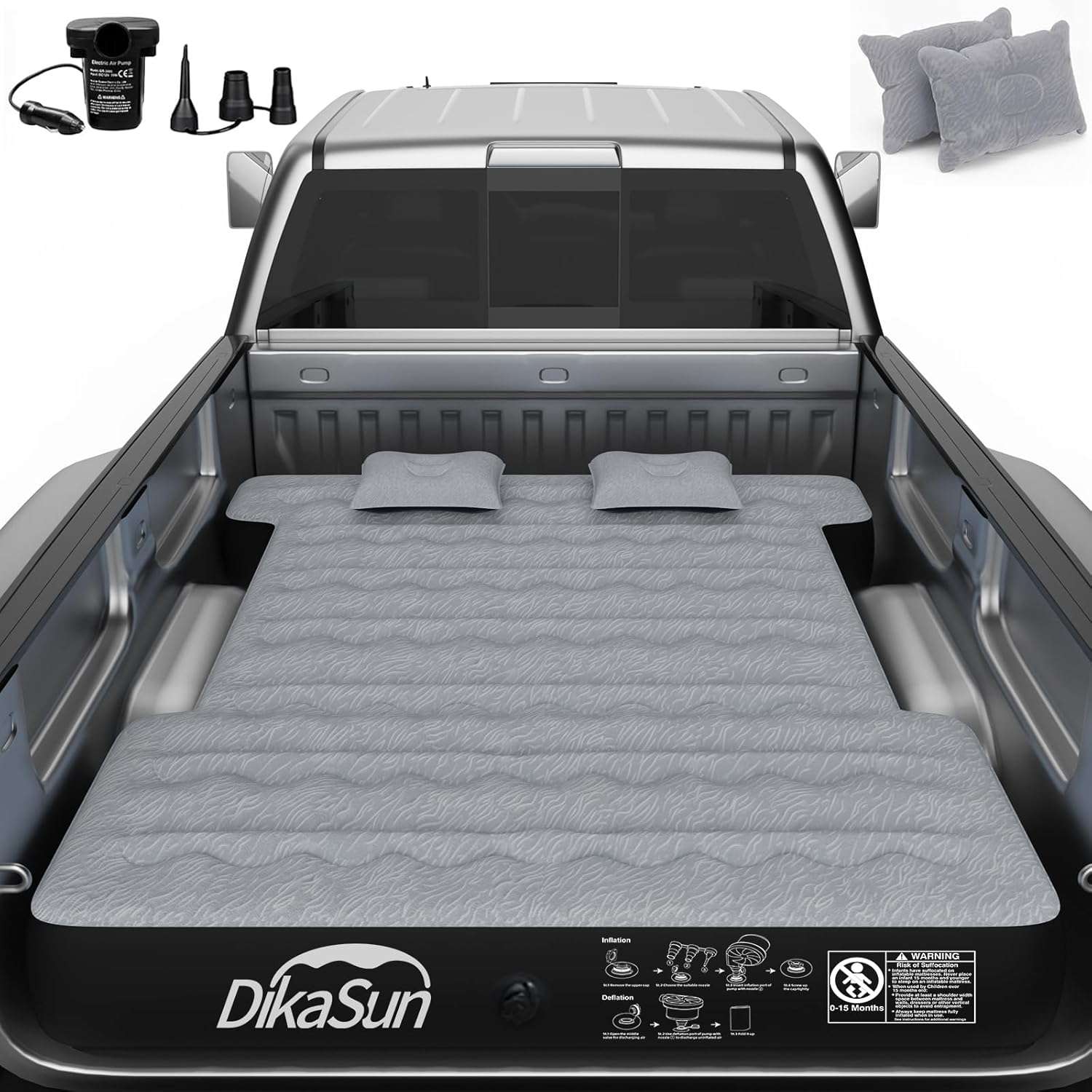 DikaSun 6.0-6.5 ft full size pickup truck bed air mattress grey with pump and two pillows on Tampa Home & Garden Store