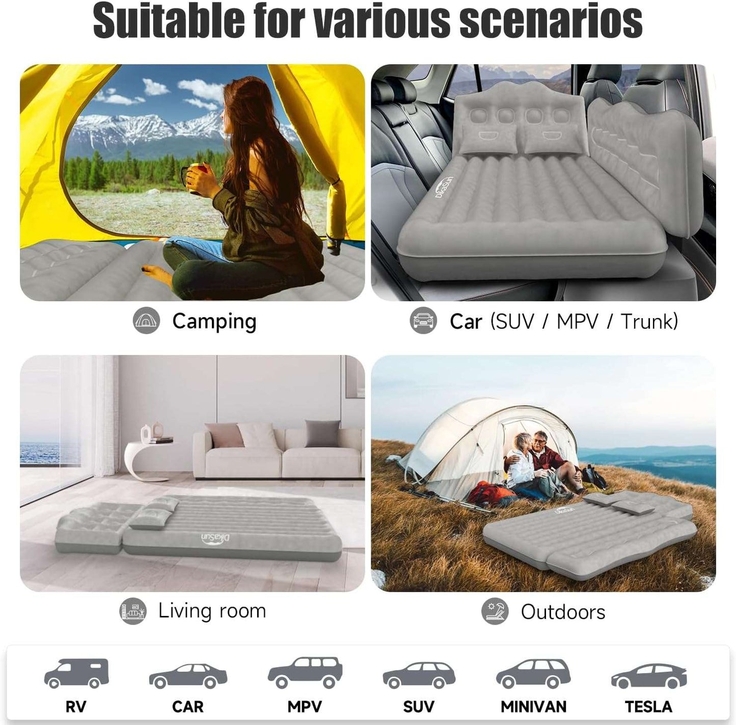 Backseat air mattress by Dikasun Outdoor in grey for camping, shown inside a yellow tent on Tampa Home & Garden Store
Backseat air mattress by Dikasun Outdoor installed in car SUV, grey inflatable pad for travel on Tampa Home & Garden Store
Backseat air mattress by Dikasun Outdoor as grey floor mattress in a modern living room on Tampa Home & Garden Store
Backseat air mattress by Dikasun Outdoor on grass outdoors beside a tent, grey inflatable pad on Tampa Home & Garden Store