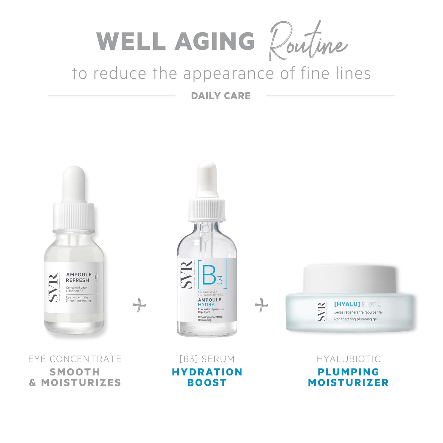 SVR Hyalu Biotic trio: eye concentrate, B3 serum, plumping moisturizer in white bottles on Tampa Home & Garden Store