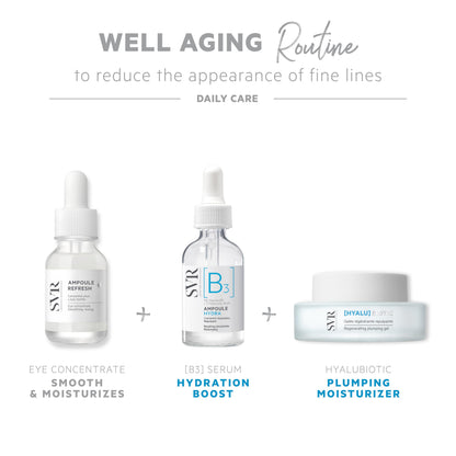 SVR Hyalu Biotic trio: eye concentrate, B3 serum, plumping moisturizer in white bottles on Tampa Home & Garden Store