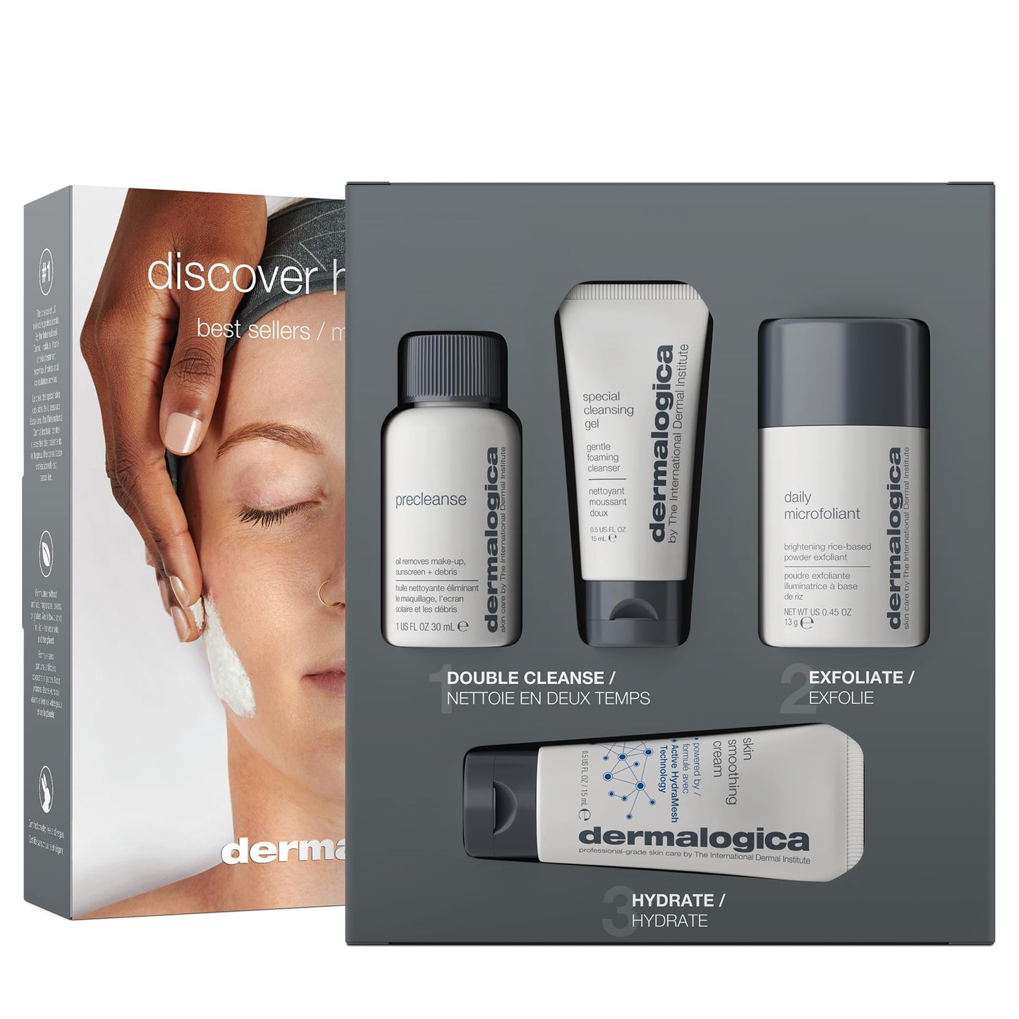 Dermalogica travel skincare kit with cleansing gel and exfoliator bottles in gray box on Tampa Home & Garden Store