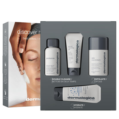Dermalogica travel skincare kit with cleansing gel and exfoliator bottles in gray box on Tampa Home & Garden Store