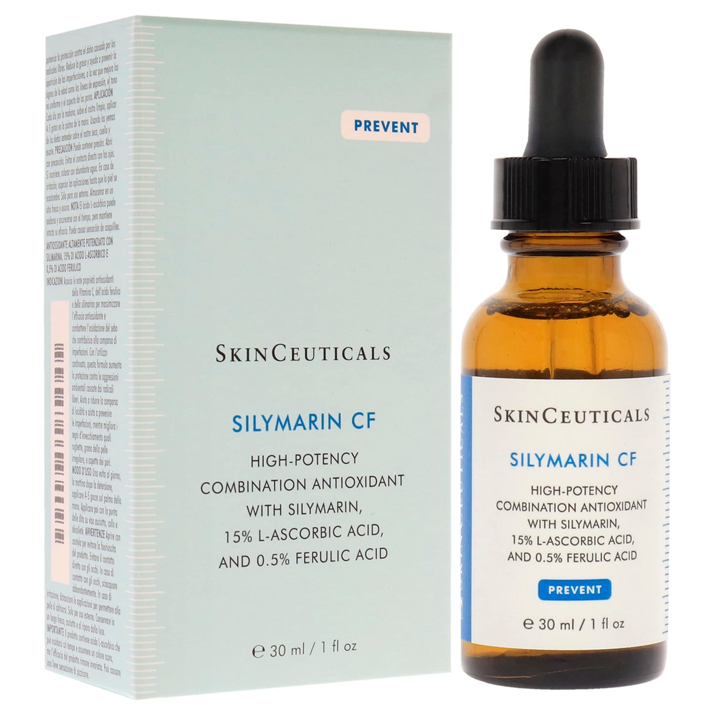 Face serum SkinCeuticals Silymarin CF bottle with dropper beside pale blue box on Tampa Home & Garden Store