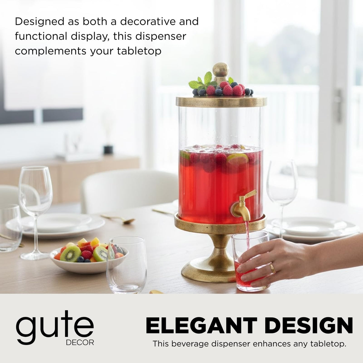 Brass gold glass 3-gallon beverage dispenser on bamboo stand with spigot by Khen Site on Tampa Home & Garden Store
