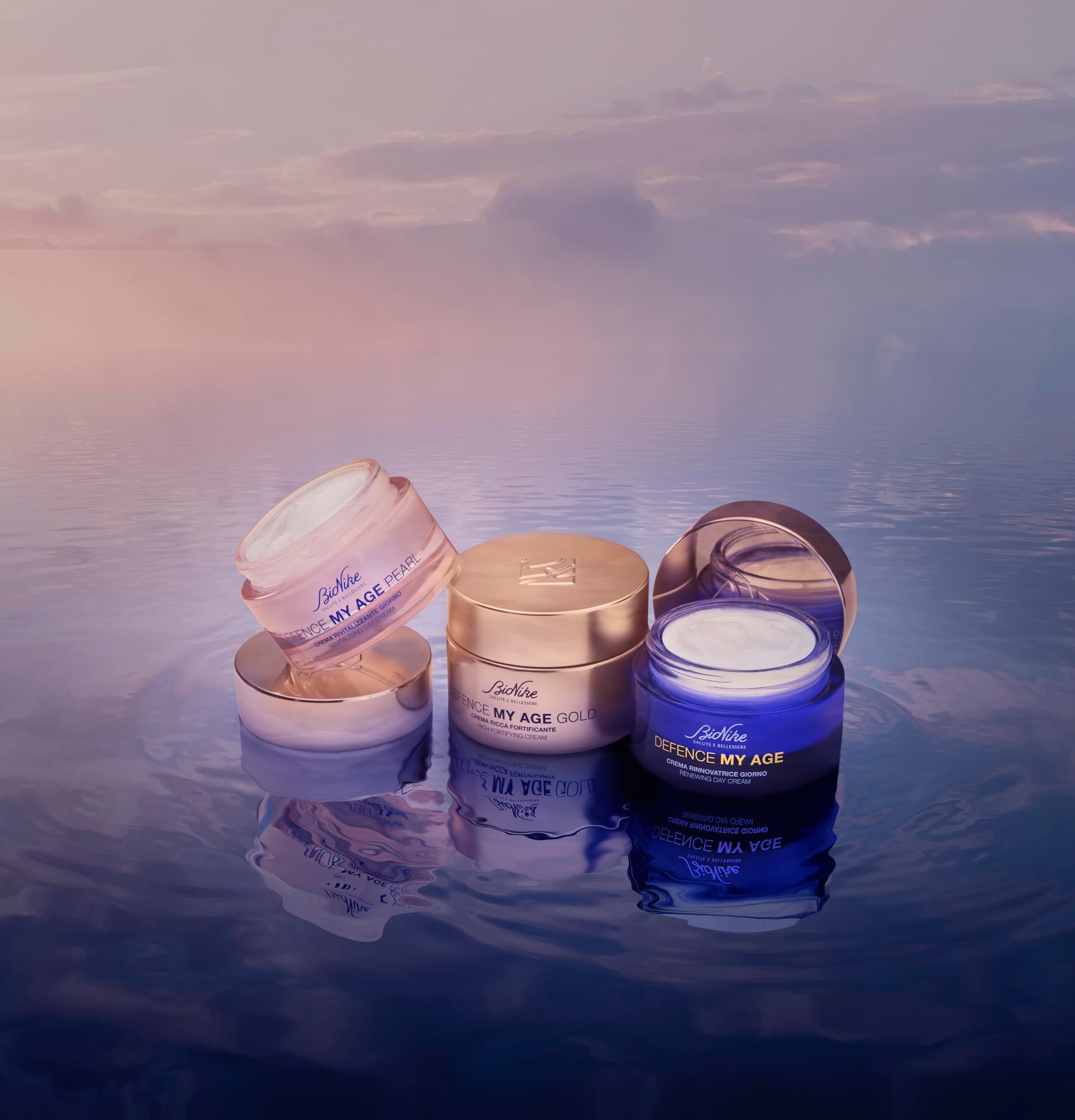 BioNike Defence My Age face cream jars, gold and blue, hydrating anti-aging night cream set on Tampa Home & Garden Store