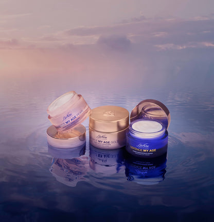 BioNike Defence My Age face cream jars, gold and blue, hydrating anti-aging night cream set on Tampa Home & Garden Store