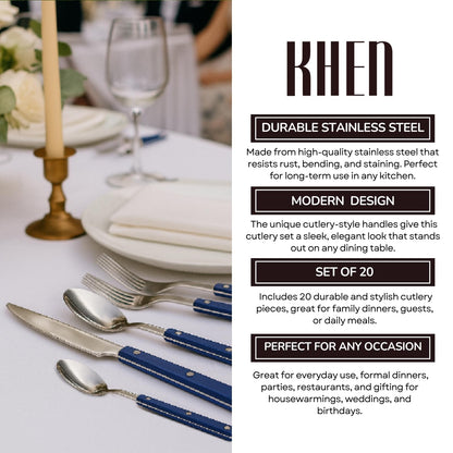 Khen Blue Stainless Steel Flatware Set of 20
